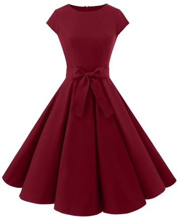 Aupuls Abito da donna Rockabilly anni '50, svasato, abito da cocktail per matrimonio, Rosso scuro, XL