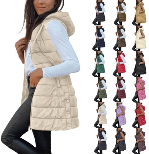 Quilted Gilet for Women UK Ladies Longline Hooded Puffer Jackets Padded Sleeveless Warm Bodywarmers Vest Lightweight Cozy Waistcoat Zipper Transitional Outerwear with Pockets Autumn Winter Beige XL
