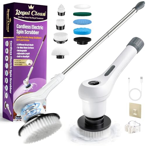 Spazzola Rotante Pulizia Casa, Spazzola Elettrica Rotante per Pulizia 8 Testine, Electric Spin Scrubber Impermeabile IPX7 con Manico Regolabile, 3 Velocità per Pavimenti, Bagno, Cucina, Vasca
