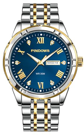 PINDOWS Men's Two-Tone Stainless Steel Quartz Watch, Day-Date, Luminous | Business dress styling with luminous hands, date window, crystal accented Roman markers and 30 m daily water resistance