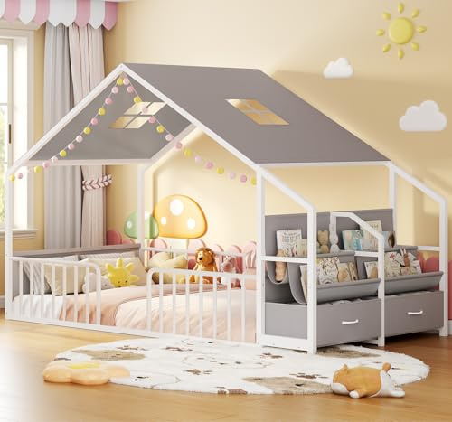 ADORNEVE Montessori Twin Floor Bed Frame with Safety Guardrail for Kids, House Shape Toddler Floor Bed with Sling Bookshelves & Storage Drawers, Metal Floor Bed Twin Size for Bedroom, Nursery, White