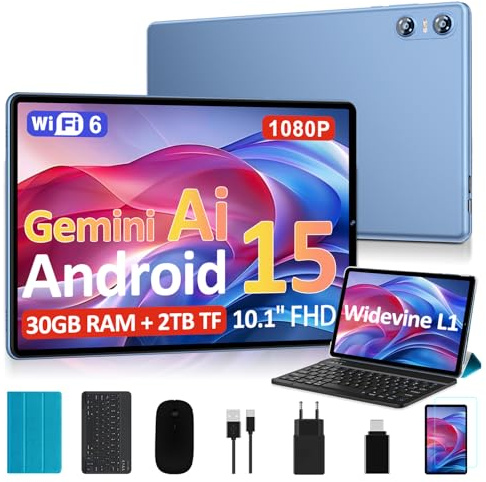 BIEGEDY 2026 Tablet 10 Pulgadas Android 15, Gemini AI, Octa-Core, 5G WiFi 6, 30GB RAM (2TB TF), Widevine L1, GMS, GPS, BT 5.0, 6000mAh, 5+8MP, 3.5mm Audio, FHD Tablet con Teclado+ Ratón + Funda, Azul
