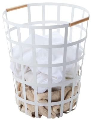 Yamazaki Home Tosca Round Laundry Basket Saving, 18 - Steel + Wood - 10.5 Gallon, 40 Liters