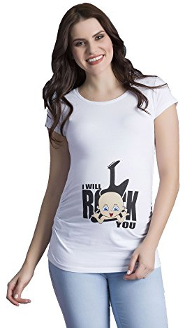 I Will Rock You – rolig söt omständighetsmode t-shirt med motiv graviditet, kort ärm (small, vit)