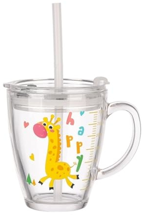 ITODA Tasse pour Enfants 4-6 Ans Tasse à Lait avec Paille Silicone Verres à Boire Transparent 300 ml avec Échelle Poignée Verre d'eau Dessin avec Un Couvercle Anti-fuite Mug pour Enfants,girafe