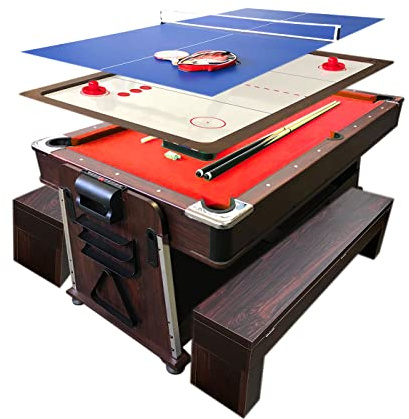 Billardtisch 7 FT mod. Mattew Rot mit Bänken und Tischhockey und Tischtennistisch und Tischdecke
