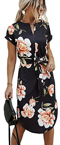 Ajpguot Sommerkleid Damen Elegant Kleider Kurzarm V-Ausschnitt Strandkleid Blumen Knielang Kleid mit Gürtel Partykleid Abendkleid (Schwarz-rosa, XL)