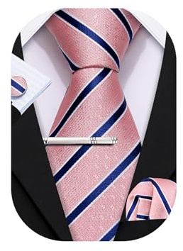 Barry.Wang Ensemble de cravate, mouchoir de poche, boutons de manchette et pince-cravate à carreaux en soie à rayures 4 pièces Ensemble classique pour homme d'affaires et mariage, taille unique