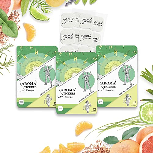 AROMA STICKERS® Original Blend ENERGIZE - 100% Natural Essential Oil Scented Diffuser Sticker - Aromatherapy for Personal Space - Towels, Blankets, Face Mask & Pillow (Pack of 3, 36 Stickers Total)