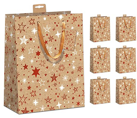 PremiumLine Geschenktüten Weihnachten Kraftpapier, 6 Stück | Recycelter Kraftkarton, Baumwollband, DIN A4 | Geschenktaschen Weihnachten, Weihnachtstüten Nachhaltig, 26x32x12cm