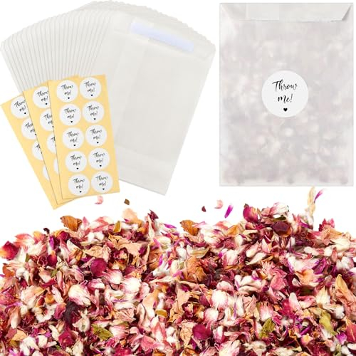 Tenare 50 Sets Wedding Confetti Bags Kit for 45-50 Guests, Includes Biodegradable Natural Dried Flower Confetti Dried Rose Petals Glassine Paper Bags Stickers for Wedding Anniversary(Elegant)