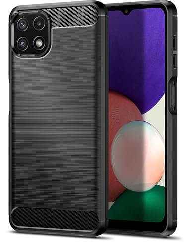 Qiinogow Case Compatible with Samsung Galaxy A22 5G, Slim Fit Phone Cover with Shock-Absorption, Carbon Fiber TPU Rubber Protective Case, Black