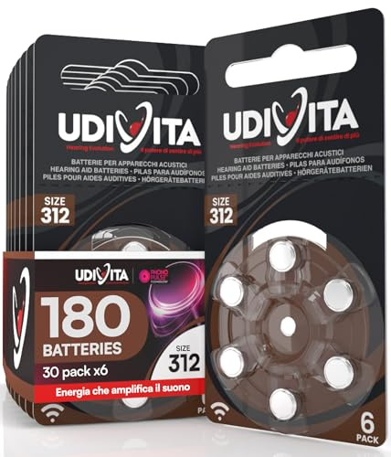 180 Batterie Per Apparecchi Acustici Udivita Misura 312 - Pile Zinco Aria con Tecnologia Phono Pulse Prive di Mercurio - 30 Blister da 6 Pile