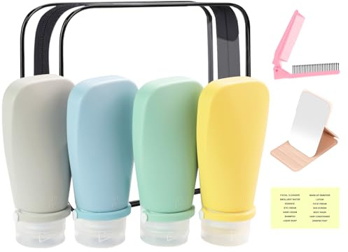 HEYMKGO Silicone Travel Bottles for Toiletries, 90ml Travel Containers Set with Labels Includes Mirror and Foldable Comb, Refillable Travel Kit Squeeze Empty Bottles for Shampoo Conditioner Shower Gel