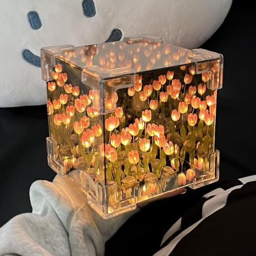 Xzyden Luz nocturna de tulipán, lámpara LED decorativa de noche para dormitorio, hecha a mano, lámpara de mesa de tulipanes mágicos y espejo, 2 en 1, 21 flores, regalos de cumpleaños para mujeres y