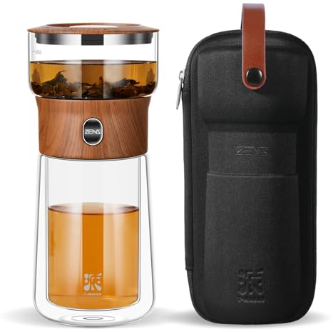 ZENS Modern Glass Infuser Teapot, One Touch Tea Maker for Loose Leaf Tea with Insulated Mug and Portable Case. Enchanted Pot Alternatives for Tea Lover Gifts