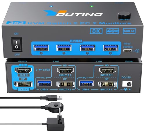 YOUTINGHDAV 2 x 2 KVM-omkopplare 2 PC 2 bildskärmar HDMI DP, USB 3.0 KVM-switch dubbel skärm 8K@60Hz HDMI 2.1, 4K@144Hz Displayport 1,4 för 2 PC-delar mus tangentbord med kabelfjärrkontroll