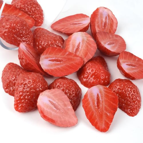 Luckforest Bloques de fresa artificial, 20 piezas de fresas realistas para decoración de frutas falsas para el hogar, fiesta, mesa, accesorios de fotografía