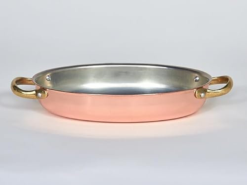 Casserole Basse Oval en Cuivre avec Poignées en Laiton et Intérieur Étamé, Disponible en Trois Tailles (20 cm)