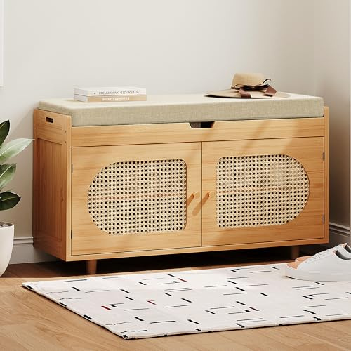 PETKABOO Rattan Shoe Storage Bench, 35.4 Bamboo Entryway Bench, 2-Tier Shoe Rack with 2 Doors & Padded Seat Cushion for Entryway, Living Room, Bedroom