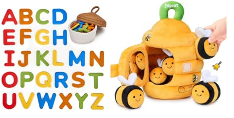 JoyCat Baby Toys 6-12 Months - Soft Baby Beehive with 5 Sensory Bees + Silicone Alphabet Magnetic Letters, 26 Uppercase ABC Fridge Magnets for Toddlers