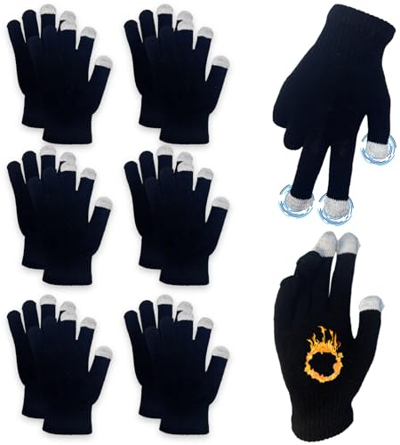 6 Pairs Knitted Magic Winter Gloves, Touch Screen Fingers Thermal Mittens for Cold Weather, Unisex Stretchy Black Warm Gloves for Indoor Outdoor