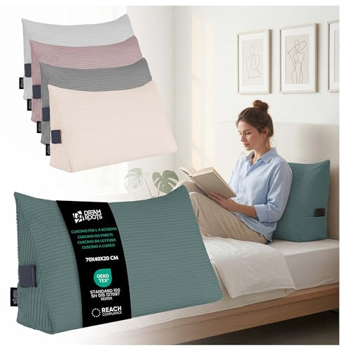 DreamRoots Cuscino Schienale per Letto, Testata e Divano - Cuscino da Lettura Triangolare Testiera Letto Matrimoniale, 70x40x20 cm Velluto a Coste 380 g/m², Fodera Amovibile e Lavabile Blu