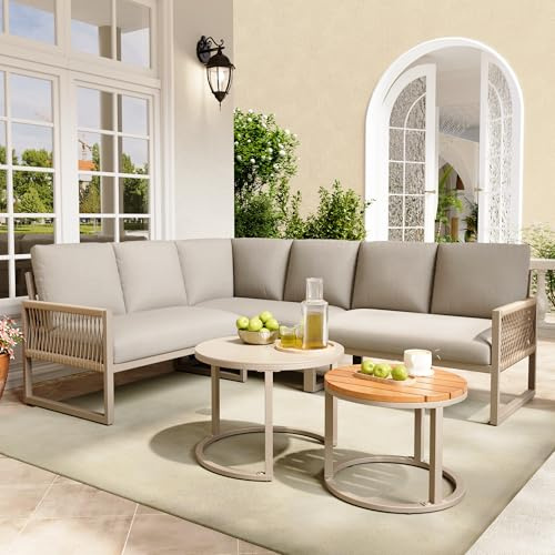 Aunvla Trädgård loungeset, möbelset för 6–7 personer, hörnsoffa med galvaniserat järnram, justerbara ben, inklusive alla sitt- och ryggkuddar, beige