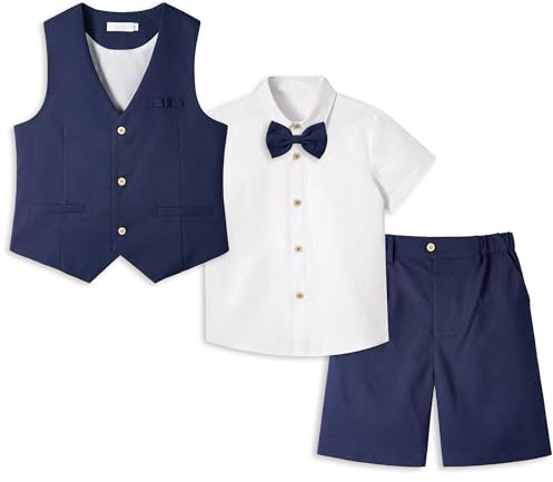 LOLANTA 4PZ Completo Cerimonia Bambino, Ragazzi Paggetto Matrimoni Abito, Bambini Gentiluomo Estate Lino Gilet Pantaloncini Suit Set, Battesimo Partywear, Gilet + Pantaloncini + Camicia + Papillon