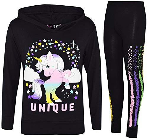 A2Z 4 Kids Girls Tracksuit Rainbow Unicron Dabbing Unicorn - Unicorn Hooded Set 228 Black 7-8