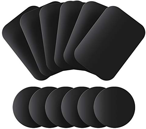 MENNYO Láminas Metálicas 12 Piezas para Soporte iman movil Coche, Reemplazo de Placa de Metal Muy Finas Adhesivo Soporte movil Coche magnético (6 Redondos y 6 rectángulos)