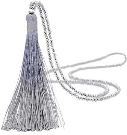 Yowablo Halskette Frauen Vintage Lange Quaste Drop Sweater Kette Boho Glas Kristallperle (Grau)