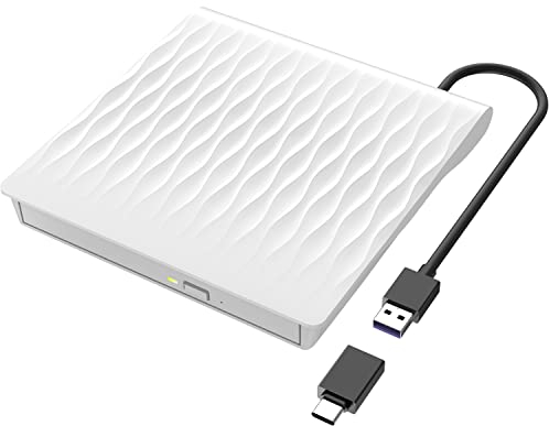 LPUNCD Lettore DVD Esterno USB 3.0 & Type-C, DVD Portatile CD/DVD +/-RW, DVD Drive Esterno per Tutti i Laptop, Desktop, PC, Mac, MacBook, compatibile con Win11/10/8/7/XP/Vista/Linux/MacOS, Bianco