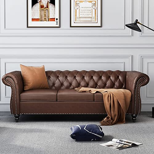 AVZEAR 84 Chesterfield Sofa 3-Seater, Classic Roll Arm PU Leather Couch with Button Tufted Back, Stain Resistant Upholstered Settee Large Sofa for Living Room, Brown