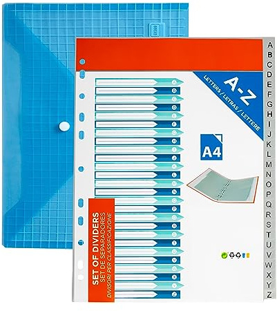 Separadores plastico a4 de la (A-Z) incluye sobre plastico. Separadores alfabeticos din a4 para carpetas y archivadores con 2 y 4 anillas. Pack 26 separadores color gris Organizador indice alfabetico