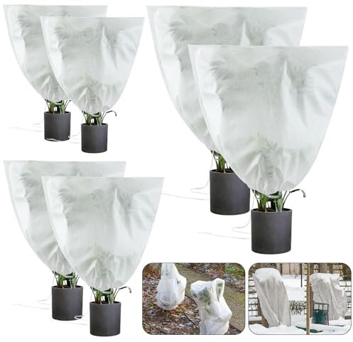 Panelee 8 Pack Garden Plant Fleece Frost Protection Covers 100 x 100 80 x 80 60 x 60 cm Outdoor Frost Protection Jacket Winter Plant Bags with Drawstring for Shrubs, Potted Plants, Olive Tree, White