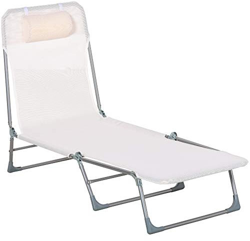 Outsunny Bain de Soleil transat Chaise Longue inclinable Pliable avec Oreiller Dossier réglable sur 5 Niveaux dim. 182L x 56l x 28H cm crème