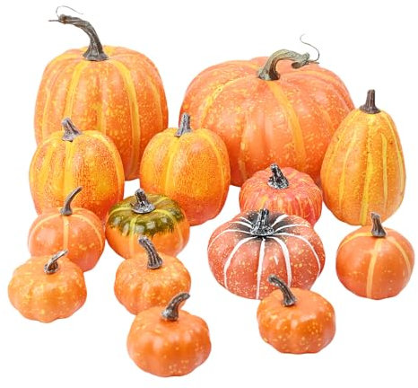 Thuro 14 Stück zucche artificiali autunnali,Grande Finta Zucche Decorativa Artificiali Pumpkin Decor Halloween Ringraziamento,Feste Stagionali Decorazione, Aranci