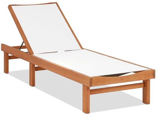 COSTWAY Garden Sun Lounger, 5-Postion Adjustable Patio Chaise Lounge Chair Deck Sunbed, Solid Eucalyptus Wood Outdoor Sunbathing Recliner for Balcony, Lawn, Backyard and Poolside, 200cm Long