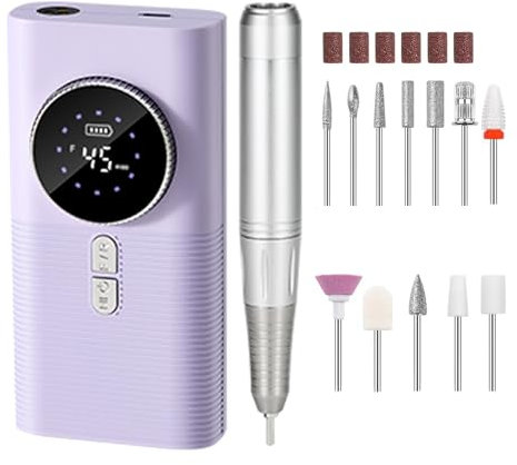 BCPOLY Ponceuse pour Ongles professionnelle 45000RPM - Puissante et Silencieuse -15H d'autonomie - Écran LCD - Embout Céramique - Manucure/Pédicure - 11 Embouts de ponçage - 6 bandes abrasive (LILAS)