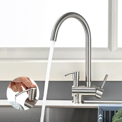 BuntHaus Robinet Cuisine avec Distributeur de Savon Gain de Place, Mitigeur Evier Cuisine Rotatif à 360°, Acier Inoxydable 304 Brossé, Conception Intégrée élégante, Installation Facile