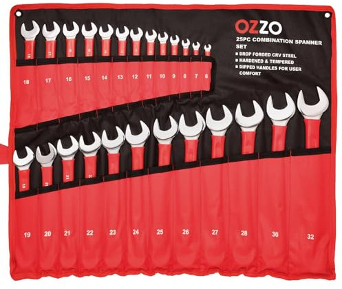 OZZO 25 Piece Combination Metric Spanner Set (6-32mm) | Open Ended & Ring Wrench Set with Storage Tool Roll | CRV Steel Heavy Duty Hand Tools | Soft Grip Dipped Handles