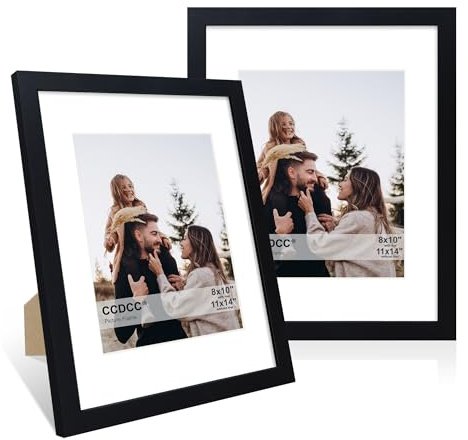ccdcc 11x14 Picture Frame Set of 2, 11 x 14 Wood Photo Frames with Mat for 8x10, Wooden Frame with Real Glass Cover for Wall and Tabletop Display,Black