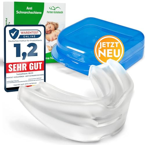 Perfekt-Schlafen24® Premium Aufbissschiene gegen Bruxismus - Test2024 [SEHR GUT] - BPA & Latex frei - Mundstück mit Aufbewahrungsbox - Zahnschiene, schützt den Zahnschmelz (Soft)