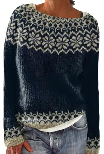 Generisk vinter norsk tröja för kvinnor långärmad elegant stickad tröja varm bomull vintertröja vintage etniskt mönster stickad tröja långärmad tröja casual grovstickad tröja damer