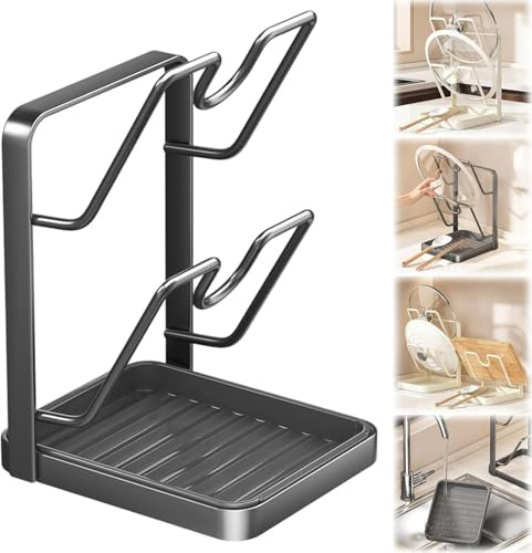 FARYODI Organizer con coperchio per pentole, supporto per coperchio con vassoio antigoccia rimovibile, organizer salvaspazio a 2 ripiani, per piano di lavoro della cucina, stabile
