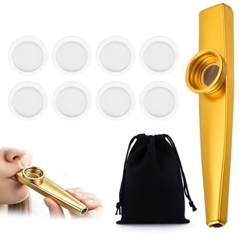 CZNBZIU Kazoo, Instrumento Musical De Viento, 1 Kazoo Dorado + 8 Membranas + 1 Bolsa De Almacenamiento, Fácil De Tocar Para Principiantes, Portátil, Para Práctica, Entretenimiento Y Relajación