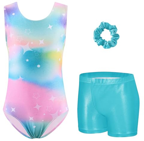 Arshiner Maillot Gimnasia Ritmica Niña Conjunto de Gimnasia Tres Piezas sin Mangas para Verano Entrenamiento Moderno Conjunto de Body y Pantalón Corto Maillot Ballet Niña 3-10 Años