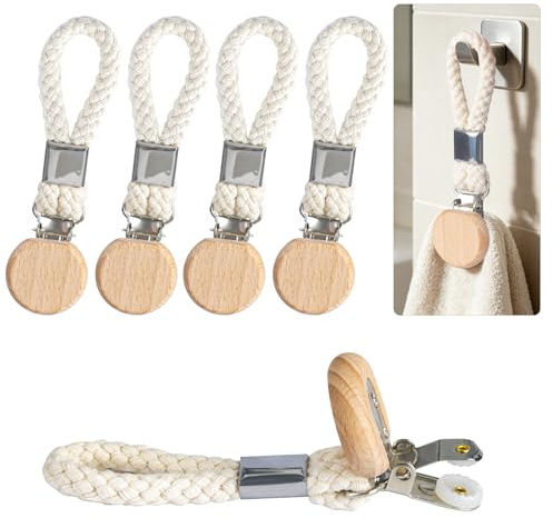 Wooledy 5 Pack Hanging Metal Tea Towels Clip with Braided Cotton Loop