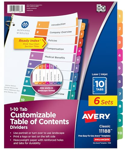Avery 10 Tab Dividers for 3 Ring Binders, Customizable Table of Contents, Multicolor Tabs, 6 Sets (11188)